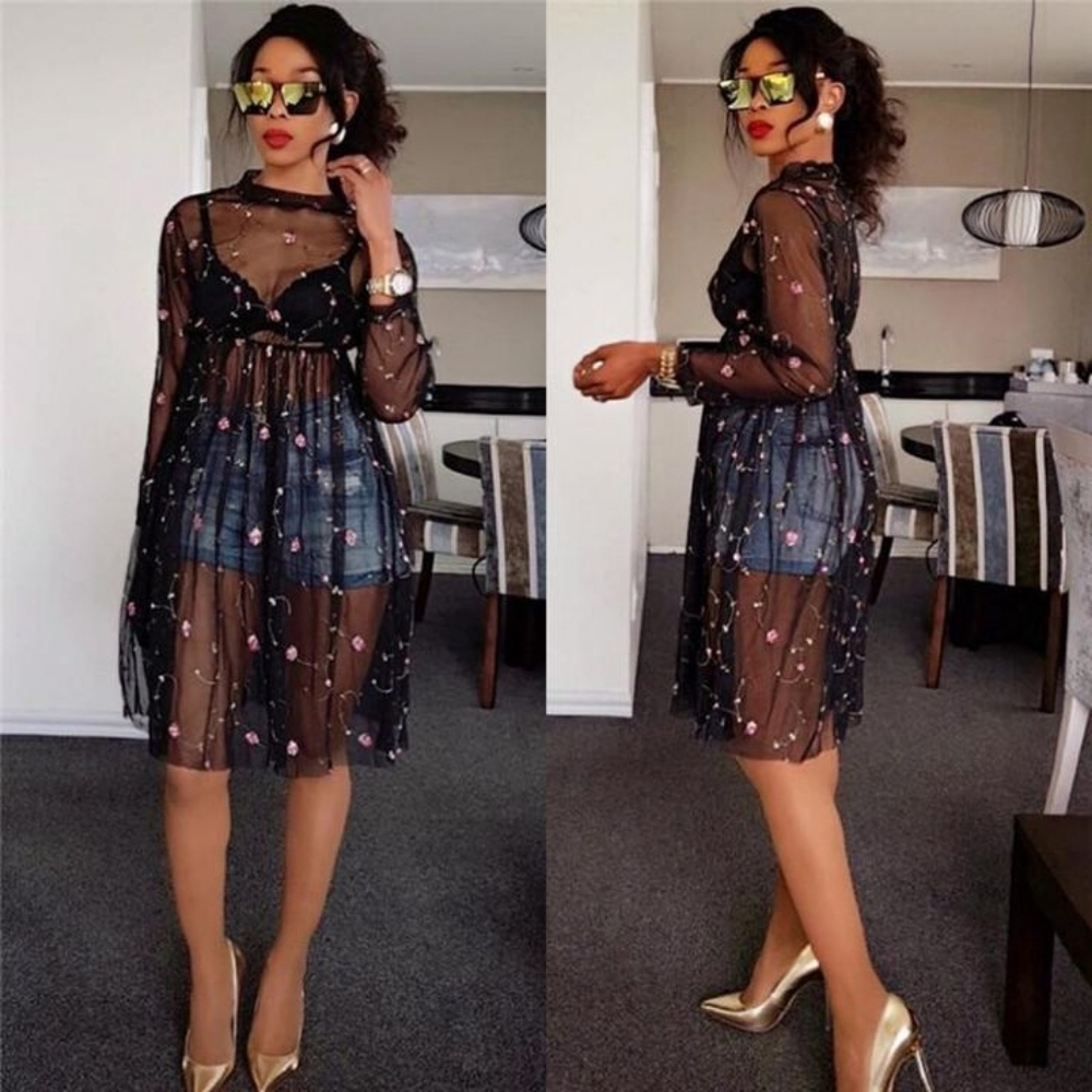 Black Floral Embroidered Sheer/Mesh Long Sleeve  Dress Size Medium